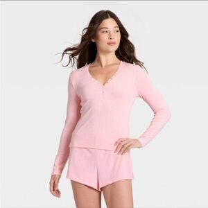 Women's Ribbed Long Sleeve Shirt and Shorts Pajama Set - Auden Pink M
